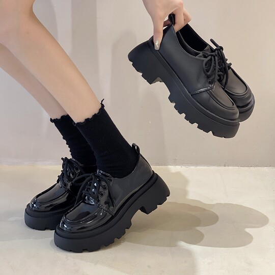 British thick-soled small leather shoes black loafers for women