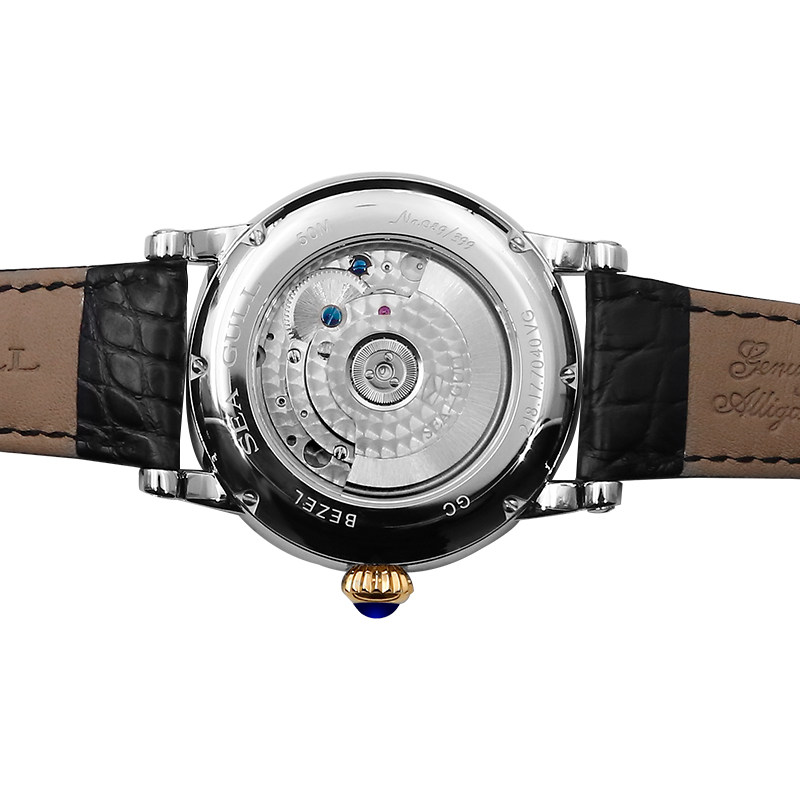 海鸥手表男士多功能机械表商务24k金圈鳄鱼皮表带陀飞轮腕表7040