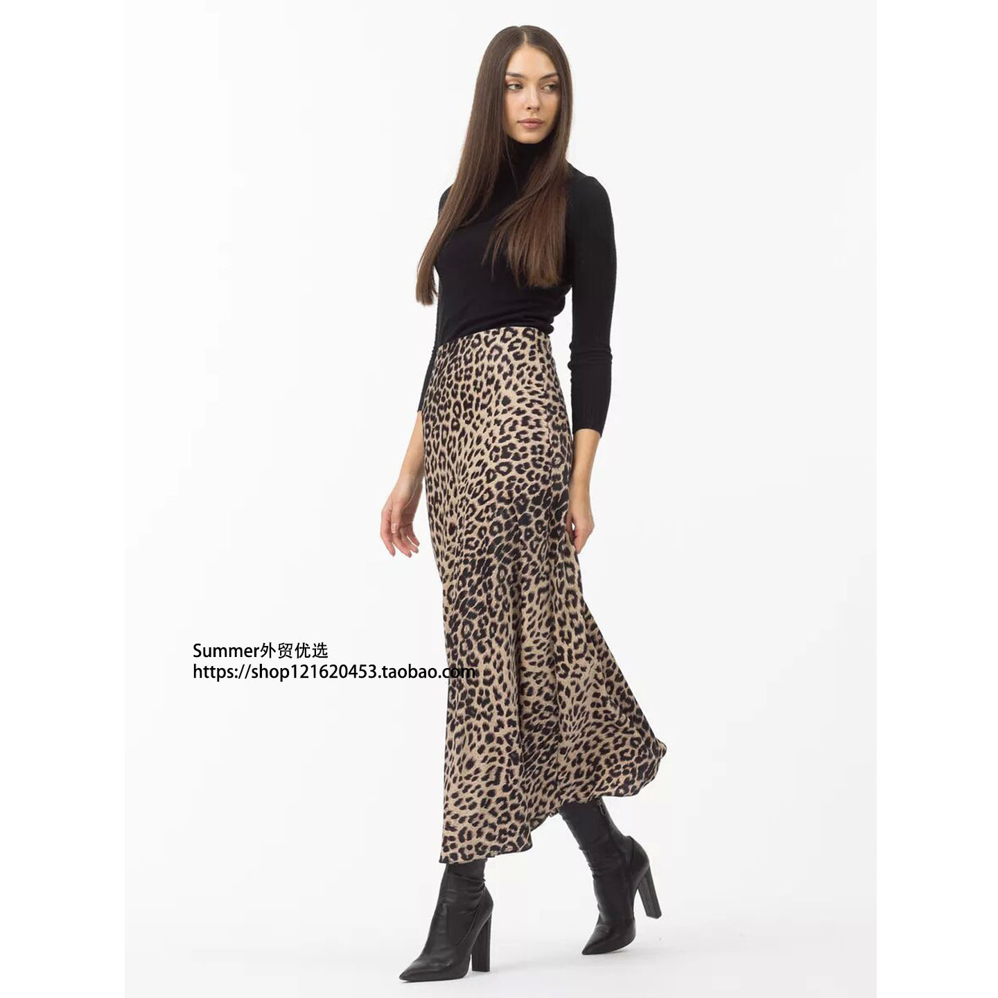缎面性感豹纹印花半身裙松紧丝滑长裙Forged leopard print skirt - 图1