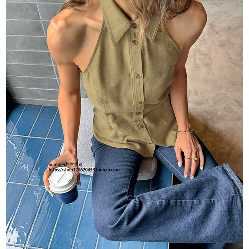 性感辣妹无袖翻领挂脖吊带背心外穿简约修身露背上衣Backless top - 图3