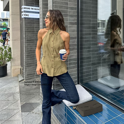 性感辣妹无袖翻领挂脖吊带背心外穿简约修身露背上衣Backless top - 图1