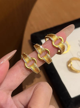 金包银拉丝元宝锁扣镶钻戒指女 开口可调节