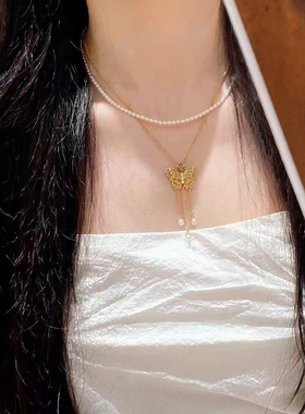 金包银蝴蝶项链 幽梦蝶生项链女新中式国风蝴蝶流苏吊坠锁骨链