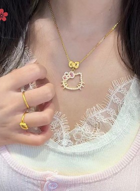 金包银HelloKitty项链女日韩风网红小猫咪锆石小众新款设计感吊坠