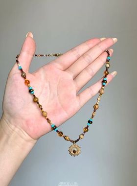 美拉德复古太阳花串珠项链高级感轻奢小众锁骨链民族风叠戴卫衣链