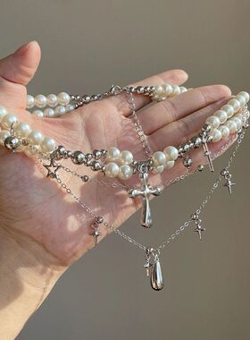 甜酷风多层十字架珍珠项链女轻奢小众设计感choker颈链个性锁骨链