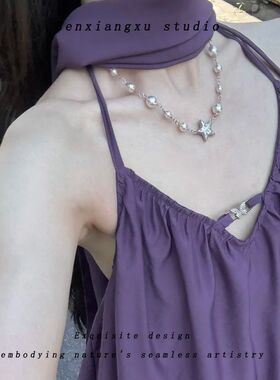 甜酷辣妹风五角星项链女ins串珠颈链灰珍珠轻奢小众高级感锁骨链