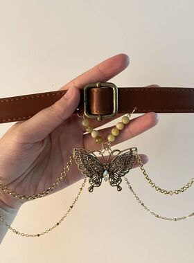 复古辣妹金色蝴蝶流苏颈环choker皮革棕色中古项链颈带美拉德配饰