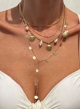 欧美层叠贝壳海螺吊坠项链轻奢小众复古个性时尚长款设计锁骨项饰