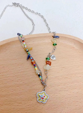 彩色串珠笑脸石头拼接项链轻奢小众设计感高级甜酷辣妹锁骨链配饰