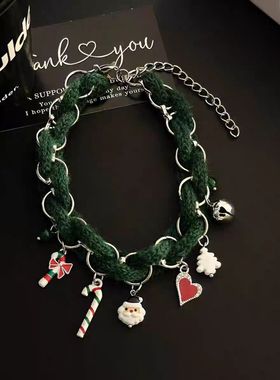 圣诞节秋冬氛围感绿色毛绒choker项圈圣诞老人爱心铃铛颈链女项链
