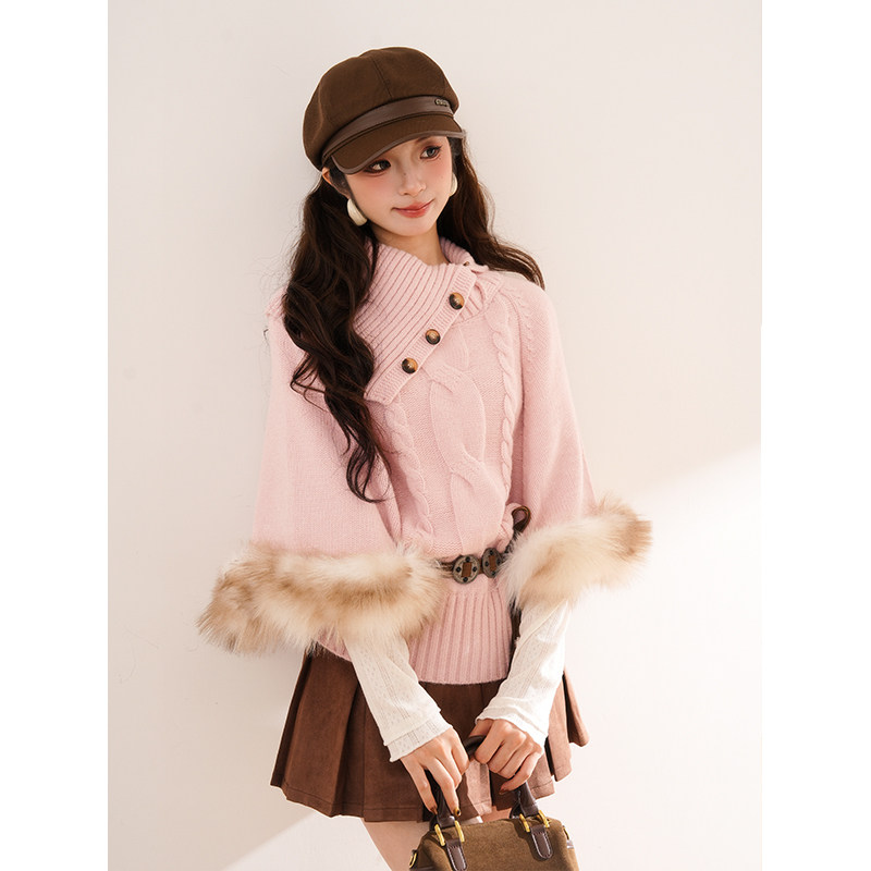 草莓可颂 冬季毛衣高领套头毛毛袖子粉色上衣+百褶裙冬季新款套装,淘宝优惠券,粉丝福利购,淘宝优惠卷