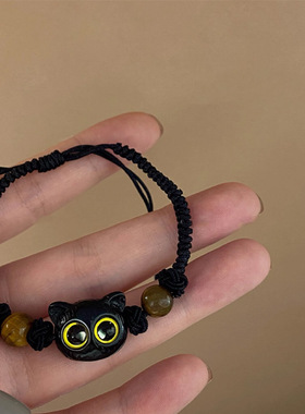 可爱呆萌小黑猫咪编织手绳女小众设计感情侣款手链送闺蜜礼物手饰