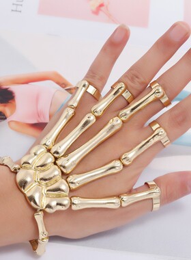 欧美新款手饰时尚个性朋克骷髅手骨百搭五指戒指手链可调节一体链