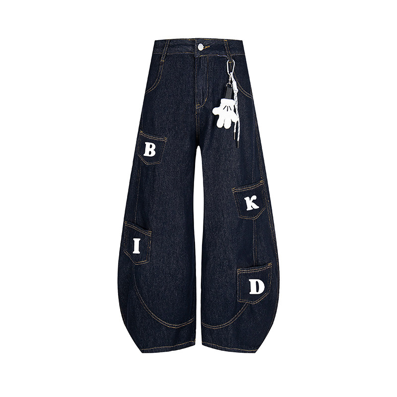 DARKAGE美式复古水洗多口袋弯刀裤子做旧男女牛仔裤拖地宽松长裤