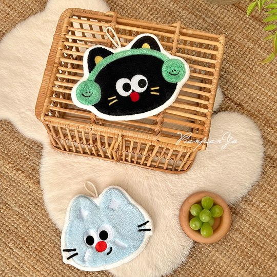 耳机猫咪擦手巾厨房卫生间加厚挂式珊瑚绒擦手毛巾吸水擦手布手帕