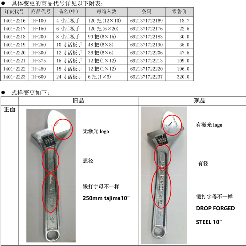 TAJIMA田岛活动扳手工业级进口活口扳手TH-250活络扳手大开口板子 - 图0