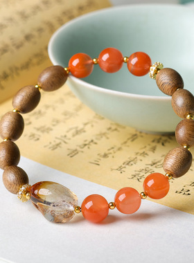 天然南红玛瑙黄水晶手链 原创文玩黄奇楠沉香木中式手串