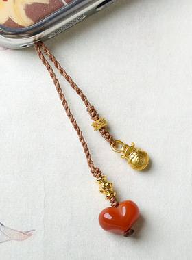 原创手工编织南红玛瑙爱心屁桃新中式手机链文玩钱袋挂件挂饰