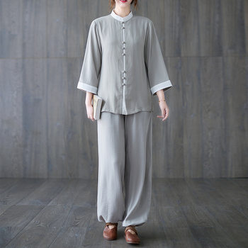 Retro ແບບຈີນພາກຮຽນ spring ແລະ summer ຊຸດ Tai Chi ສໍາລັບແມ່ຍິງຝ້າຍແລະ linen martial arts training suit mid-sleeve overalls tea suit suit for women