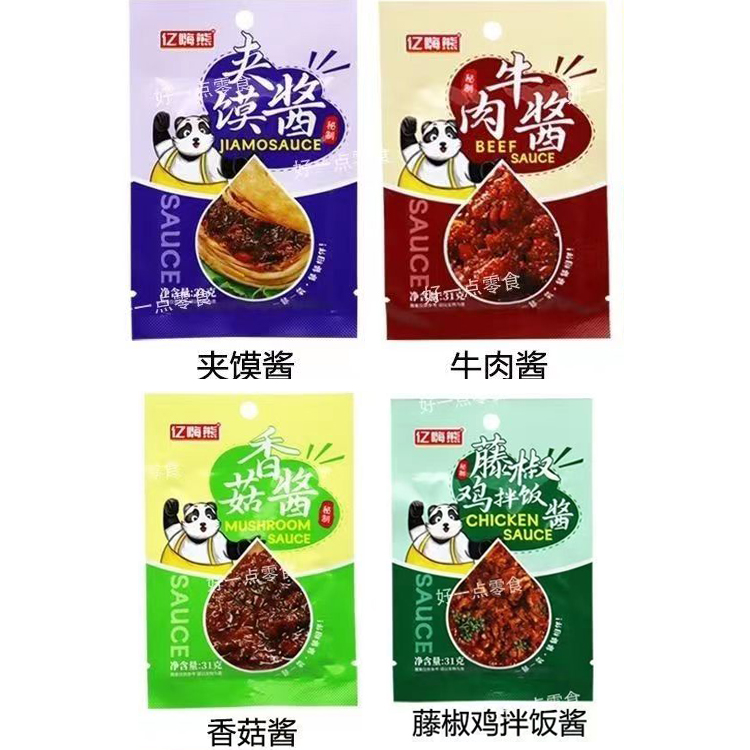 亿嗨熊牛肉酱夹馍酱香菇酱藤椒拌饭酱袋装小包装学校食堂拌饭酱-图0