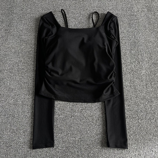 瑜伽服女2025新款网纱假两件运动上衣带胸垫长袖训练健身服