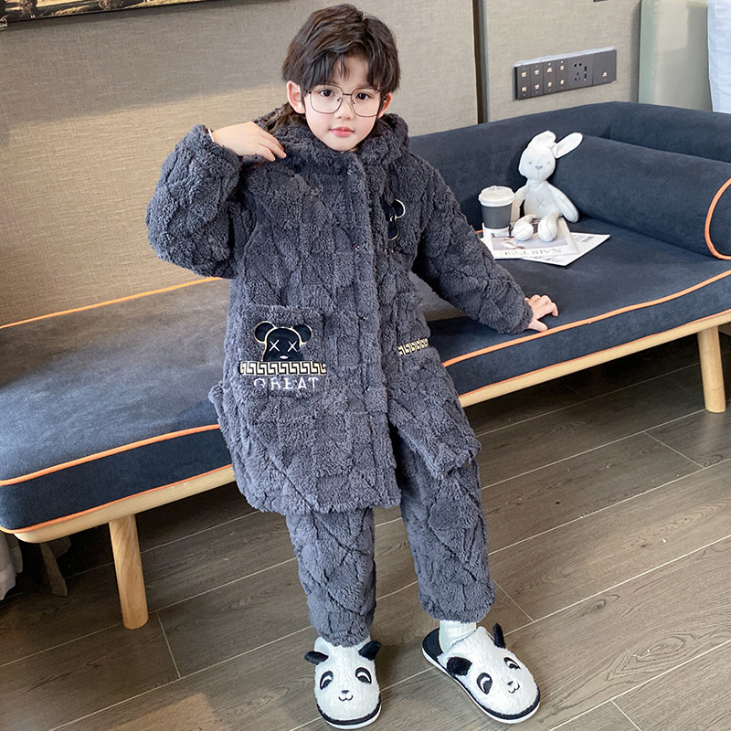 儿童睡衣秋冬季加厚款三层夹棉男童孩珊瑚绒法兰绒睡袍保暖家居服,淘宝优惠券,粉丝福利购,淘宝优惠卷