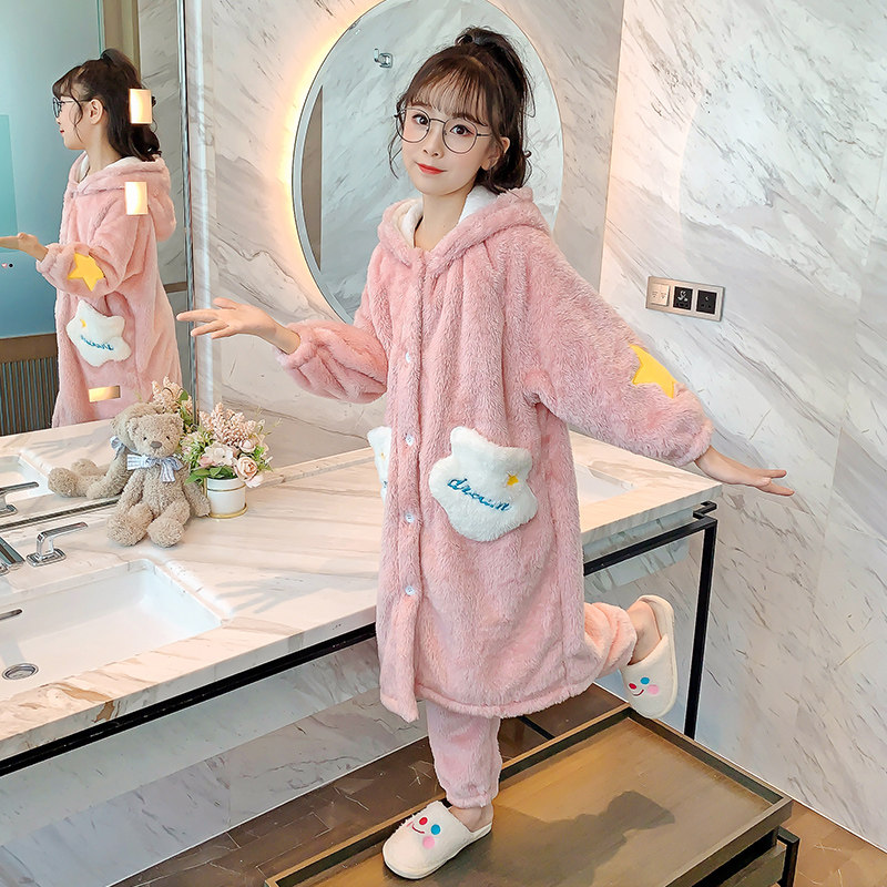 儿童睡衣珊瑚绒秋冬季加厚款星星云朵法兰绒女童孩睡袍家居服套装 - 图1