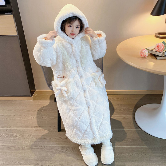 儿童睡衣冬季加厚款三层夹棉女童小孩珊瑚绒法兰绒睡袍保暖家居服