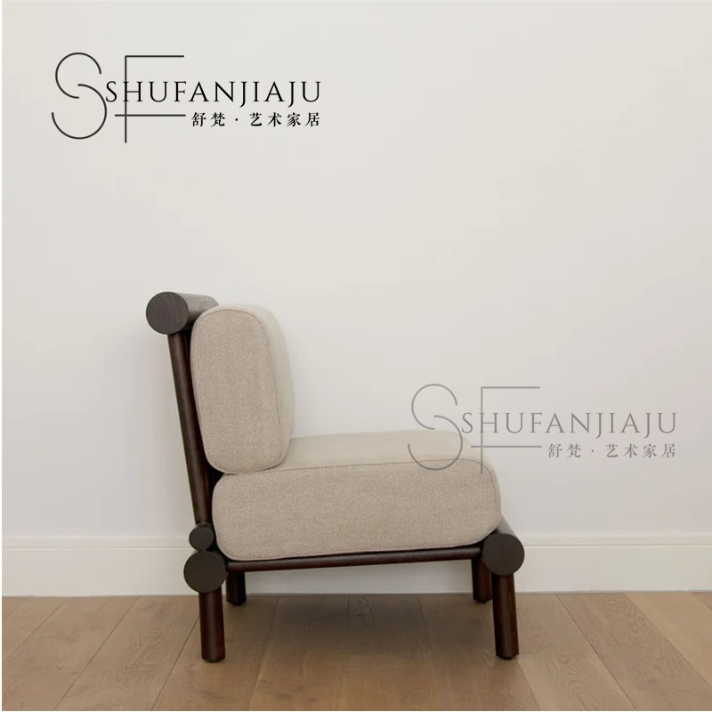 新中式民宿会所布艺休闲椅客厅实木单人椅设计师样板间中古沙发椅 - 图0