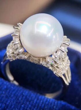 天然海水澳白珍珠戒指冰雪女王经典款正圆强光纯电镀18K白金活口