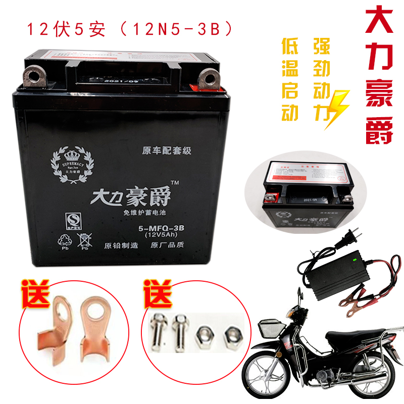 弯梁摩托车干电池豪爵钱江大阳宗申110/100通用12V5A免维护电瓶 - 图0