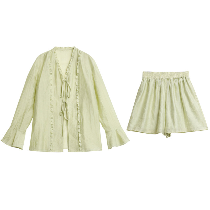 CV大码女装 夏季新款肌理感天丝荷叶边系带衬衫小A短裤套装女胖mm,淘宝优惠券,粉丝福利购,淘宝优惠卷