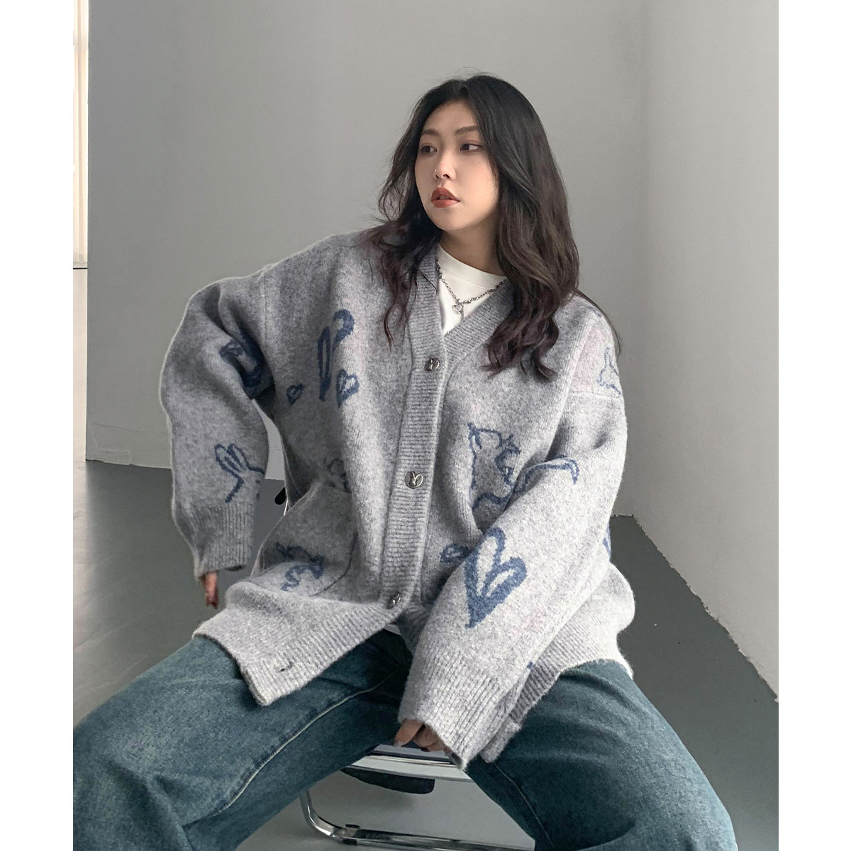 CV大码女装 秋季新款撞色爱心兔子提花针织开衫羊毛毛衣外套胖MM,淘宝优惠券,粉丝福利购,淘宝优惠卷