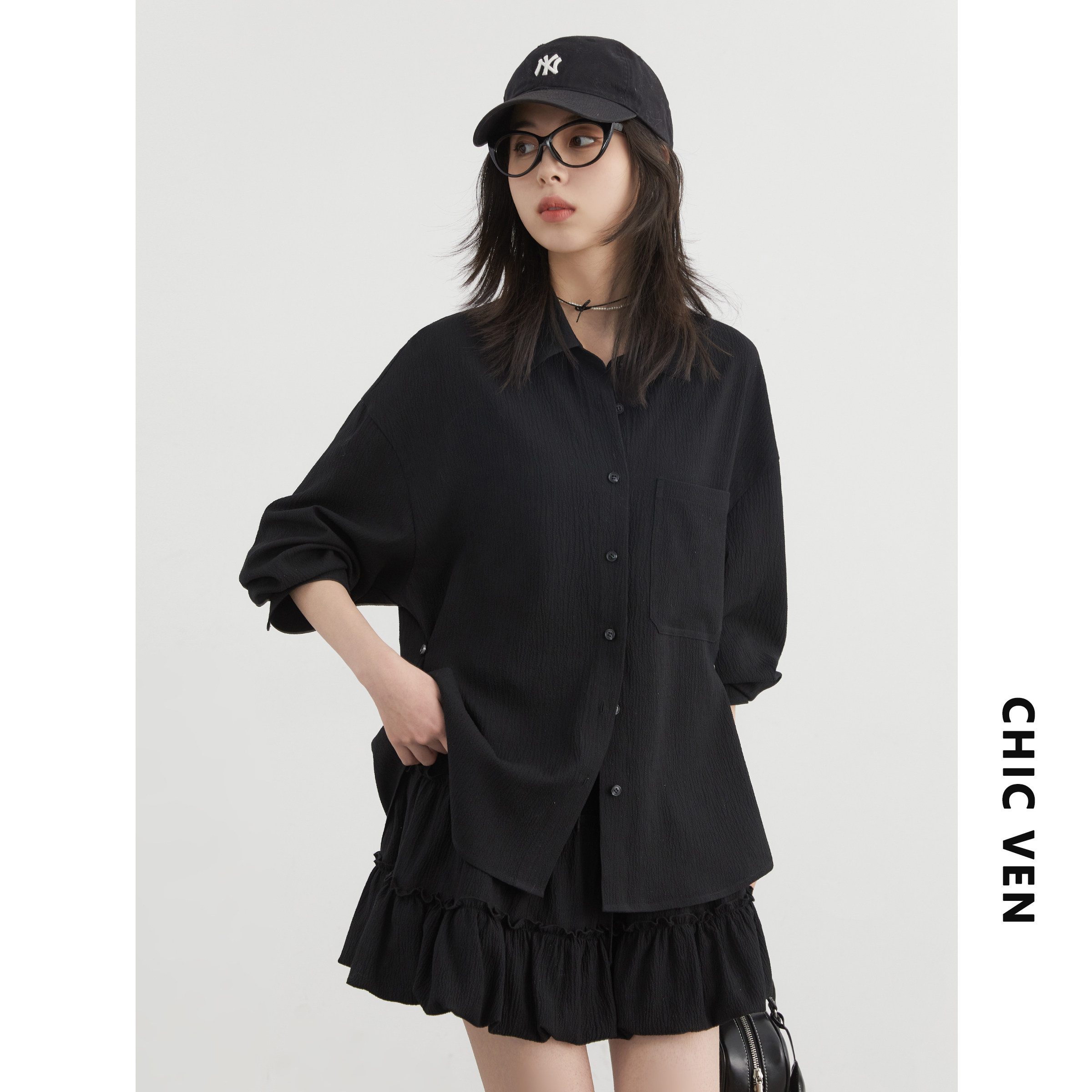 CV大码女装秋季新款肌理感翻领衬衫松紧腰半身蛋糕裙套装女胖妹MM,淘宝优惠券,粉丝福利购,淘宝优惠卷