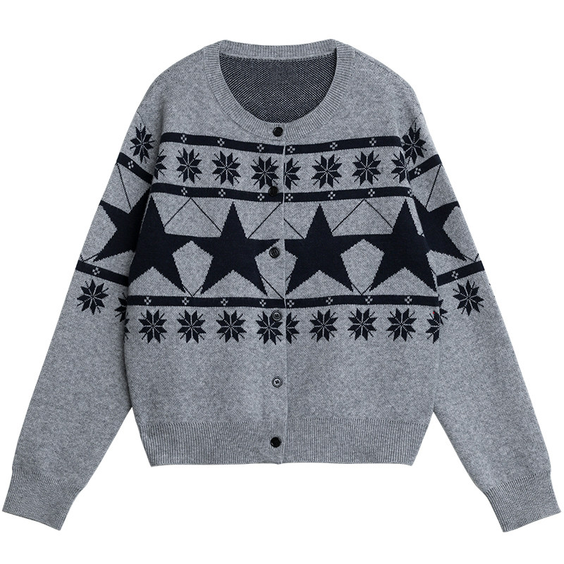 CV大码女装冬新款费尔岛星星提花毛针织衫开衫宽松保暖上衣女胖mm,淘宝优惠券,粉丝福利购,淘宝优惠卷