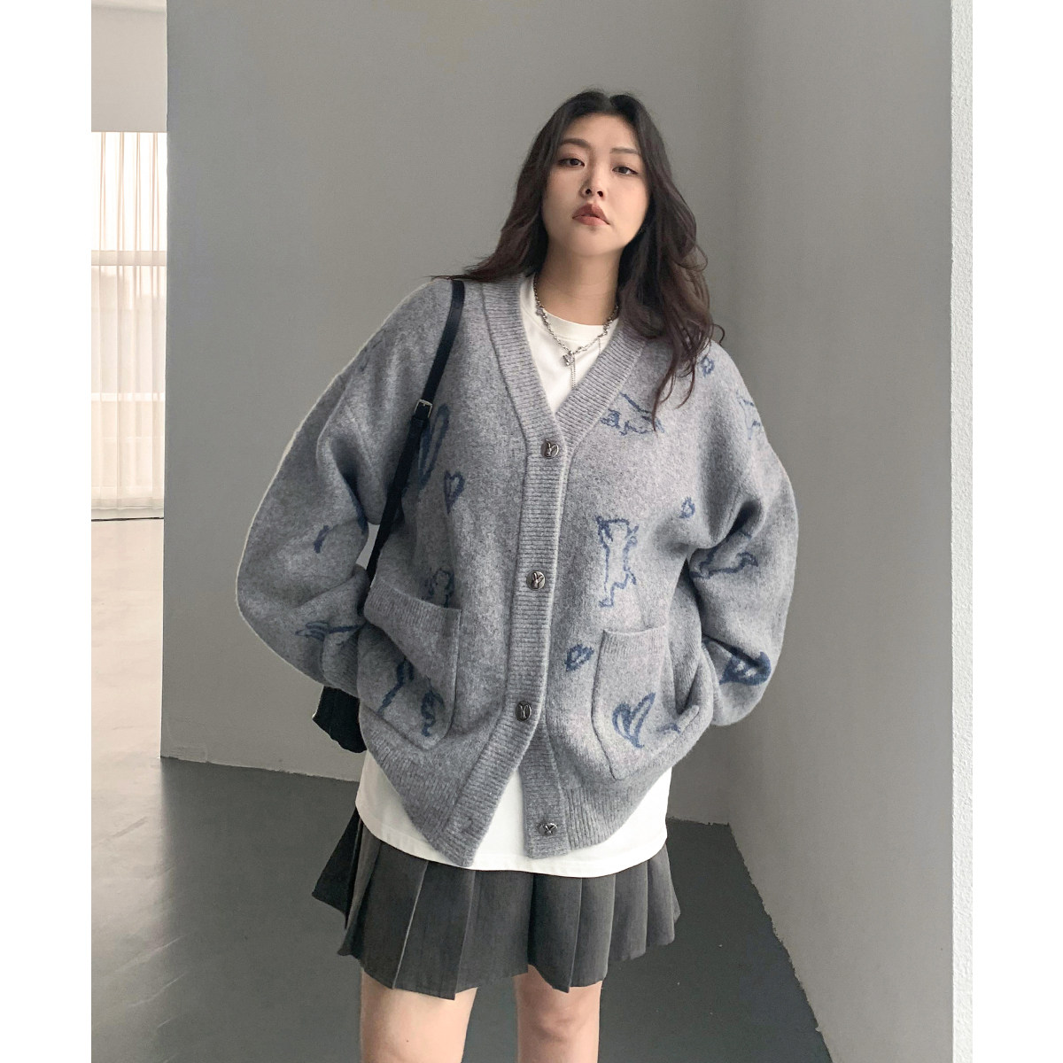 CV大码女装 秋季新款撞色爱心兔子提花针织开衫羊毛毛衣外套胖MM,淘宝优惠券,粉丝福利购,淘宝优惠卷