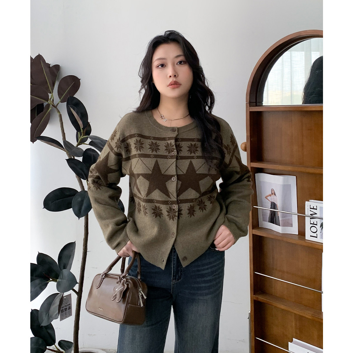 CV大码女装冬新款费尔岛星星提花毛针织衫开衫宽松保暖上衣女胖mm,淘宝优惠券,粉丝福利购,淘宝优惠卷