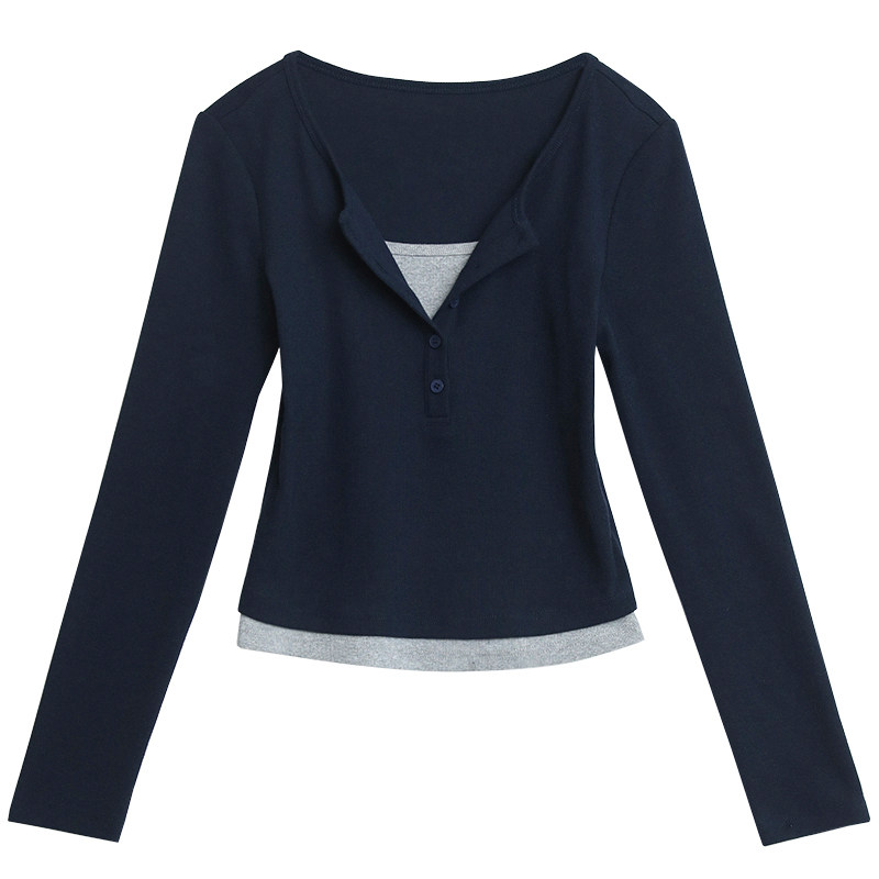 CV大码女装 秋新款撞色假两件亨利领长袖T恤掐腰短款上衣女胖妹mm,淘宝优惠券,粉丝福利购,淘宝优惠卷