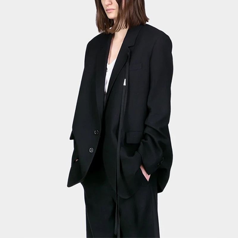 ANN DEMEULEMEESTER女款黑色羊毛休闲宽松夹克西装暗黑系外套-图3