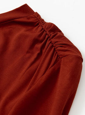 zdorzi卓多姿新款红色宽松长袖t恤时尚圆领褶皱纯色内搭女打底衫8