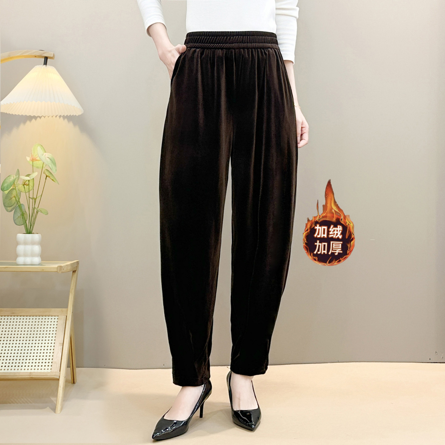 金丝绒哈伦裤女秋冬宽松萝卜休闲裤大码高腰显瘦加绒妈妈小脚裤子,淘宝优惠券,粉丝福利购,淘宝优惠卷