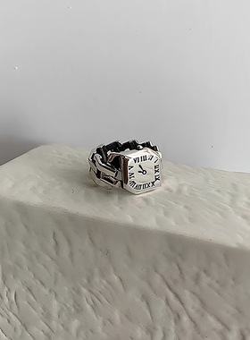 包邮欧美S925镀银个性罗马时钟戒指女复古时尚重工手表开口指环食