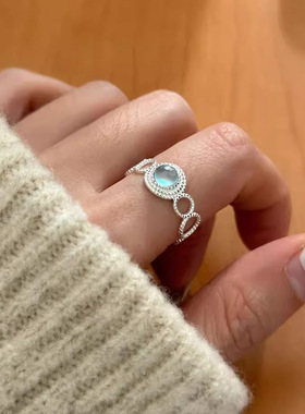 包邮浅蓝锆石戒指女精致优雅轻奢百搭时尚S925镀银开口指环小众食