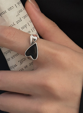 包邮简约爱心戒指女时尚个性精致滴釉黑色S925镀银开口指环食指戒