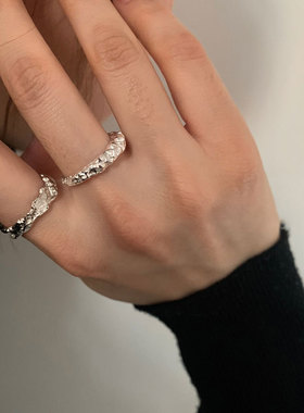 包邮韩版S925镀银不规则锡箔纸戒指女复古创意凹凸异形开口指环食