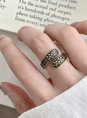 包邮国风烤蓝色青花瓷花朵戒指女新中式民族风时尚开口指环ins食