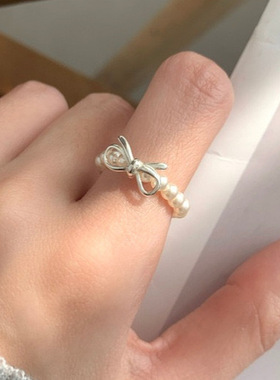 包邮甜美仿珍珠蝴蝶结戒指女手作串珠弹力S925镀银指环气质优雅食