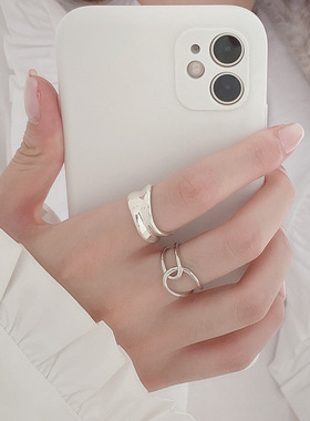 冷淡风线条交叉戒指女几何不规则凹凸S925镀银开口指环叠戴食指戒