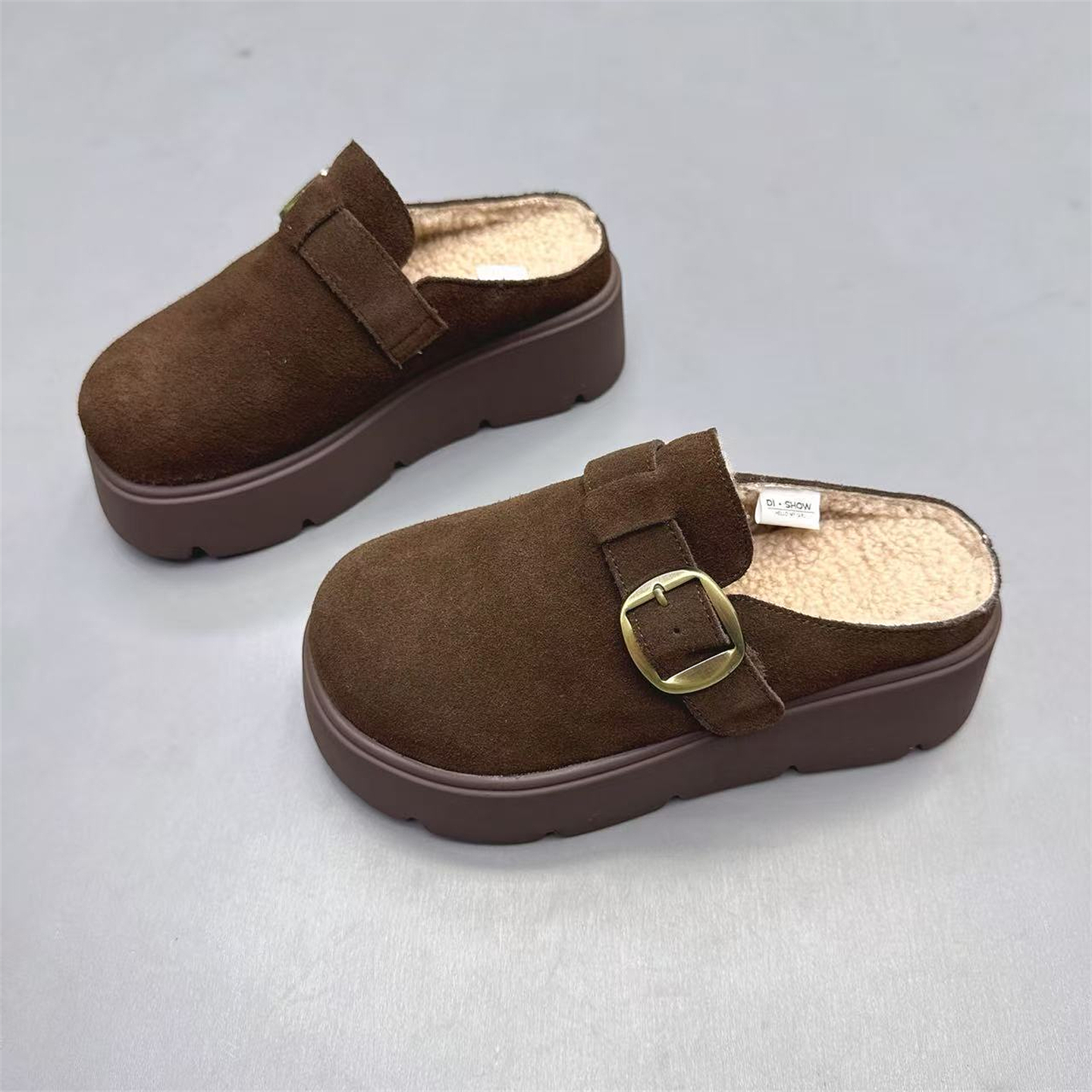 真皮女鞋厚底增高6CM加绒包头半拖鞋2025冬新款外穿保暖勃肯拖鞋 - 图0